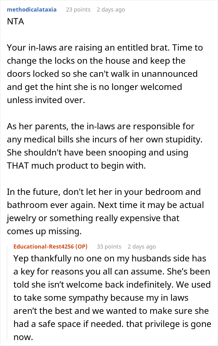 Reddit comment discussing teen using sister-in-law's products without permission and causing chemical burns. Reddit comment discussing teen using sister-in-law's products without permission and causing chemical burns.