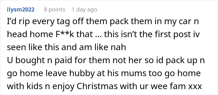 Comment discussing a woman's reaction to MIL putting her tags on gifts.