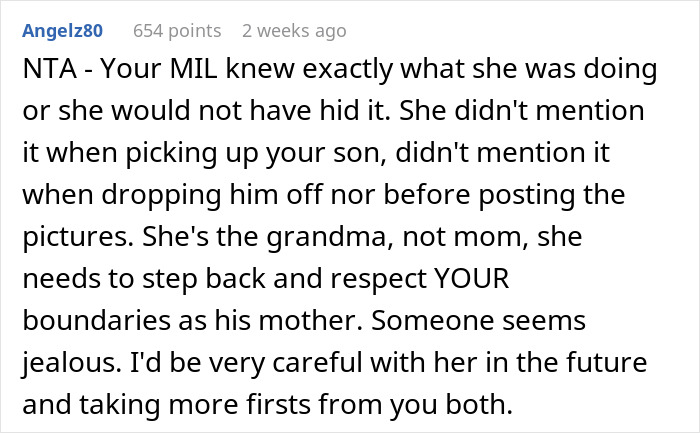 Text discussing a new mom upset about missing baby milestones due to a relative's actions. Text discussing a new mom upset about missing baby milestones due to a relative's actions.
