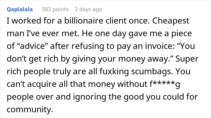 Text describing an experience serving a billionaire family, sharing a negative perspective on wealth and community impact. Text describing an experience serving a billionaire family, sharing a negative perspective on wealth and community impact.