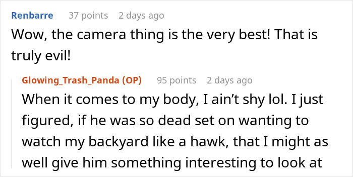 Comments discussing clever revenge by woman on her old neighbor, with top comment highlighting camera prank. Comments discussing clever revenge by woman on her old neighbor, with top comment highlighting camera prank.