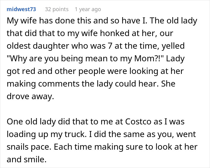 Text recounts a situation at Costco involving slow grocery loading by the author, annoying a rude driver. Text recounts a situation at Costco involving slow grocery loading by the author, annoying a rude driver.