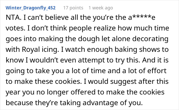 Reddit comment discussing the effort of making Christmas cookies, suggesting charging parents for them. Reddit comment discussing the effort of making Christmas cookies, suggesting charging parents for them.