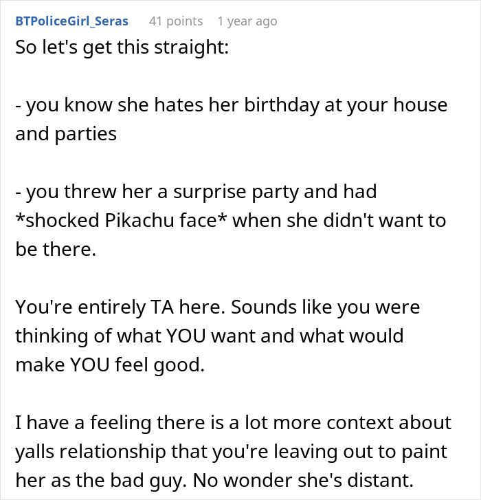 Text commentary about woman upset over stepdaughter leaving a party.