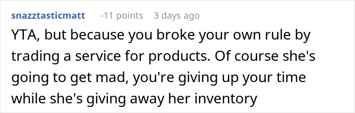Screenshot of a comment about a conflict over trading services and inventory. Screenshot of a comment about a conflict over trading services and inventory.