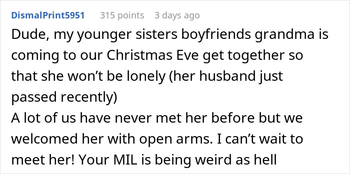 Text exchange discussing a MIL's refusal to invite a woman's mom to Christmas.