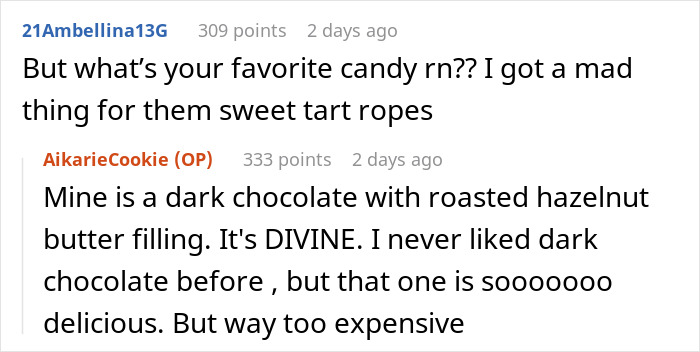 Discussion about favorite candy with a focus on dark chocolate and sweet tart ropes.