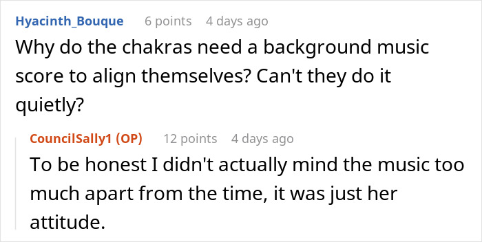 Reddit comments discussing aligning chakras with background music and neighbor's behavior.