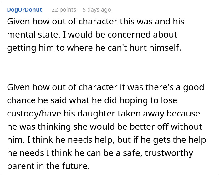 Text discusses concerns about a father's mental state and his actions regarding custody of his daughter.