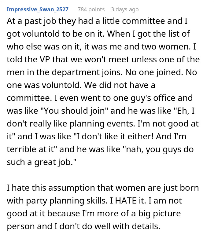 Text discussing assumptions about women and party planning roles in workplace settings.