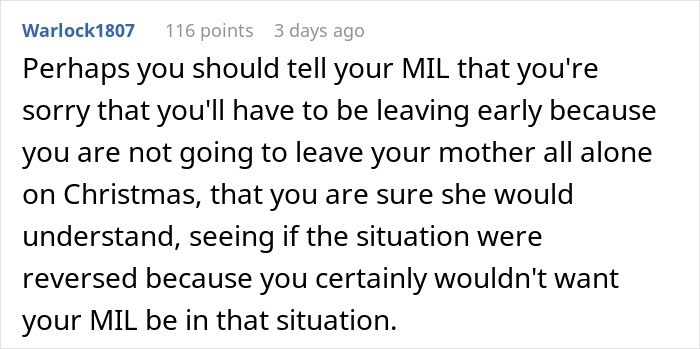 Text from online comment addressing MIL's refusal of Christmas request.