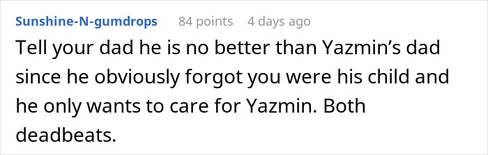 Comment criticizing dad over neglect of teen for stepsister.