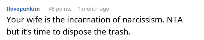 Text of a comment mentioning a cheating wife and narcissism in response to a relationship issue. Text of a comment mentioning a cheating wife and narcissism in response to a relationship issue.