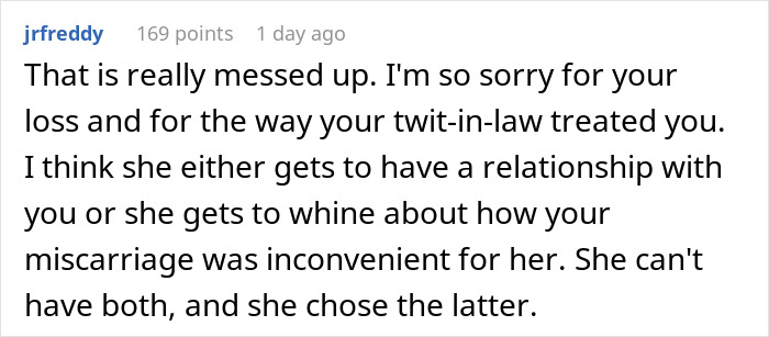 Online comment discussing a vacation being ruined by a mother-in-law after a miscarriage.