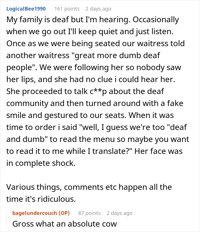 Text image discussing a deaf family, an overheard insult, and a clever response highlighting prejudice. Text image discussing a deaf family, an overheard insult, and a clever response highlighting prejudice.