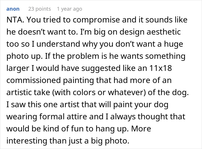 Comment discussing design compromise on large dog photo in apartment. Comment discussing design compromise on large dog photo in apartment.