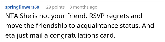 Text exchange discussing skipping a best friend&rsquo;s wedding due to gift expectations.