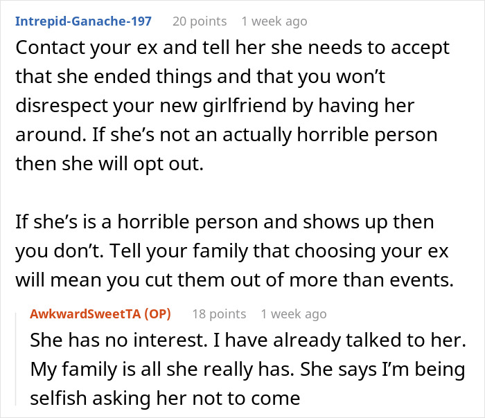 Guy seeks advice on ex invited to family holidays, discusses boundaries and family dynamics in online comments section.