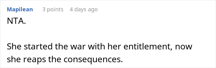 Online comment discussing consequences of entitlement in a neighbor conflict.
