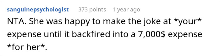 Reddit comment discussing a backfired joke about pregnant mistresses and a missing $7,000 wedding dress. Reddit comment discussing a backfired joke about pregnant mistresses and a missing $7,000 wedding dress.