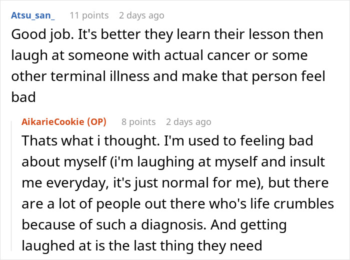 Reddit comments discussing teens learning a lesson about sensitivity towards serious illnesses.