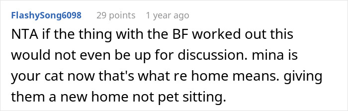 A comment discussing rehoming a cat and the meaning of rehoming. A comment discussing rehoming a cat and the meaning of rehoming.