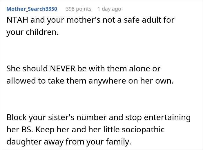 Text comment discussing family conflict and advice to block sister.