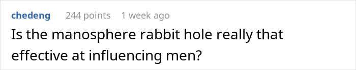 "Comment questioning the influence of the manosphere on men.