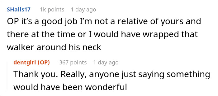 Reddit comments discussing a boomer yelling at a woman to get up from her wheelchair.
