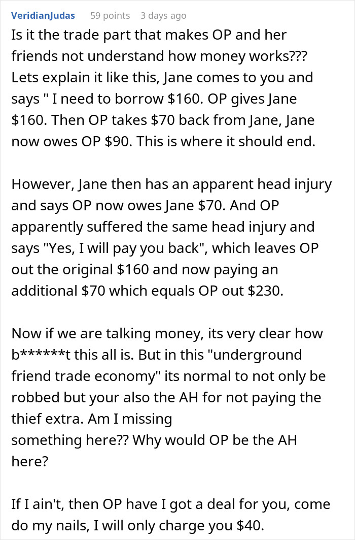 Text conversation about trading services and money in a friend group causing conflict. Text conversation about trading services and money in a friend group causing conflict.
