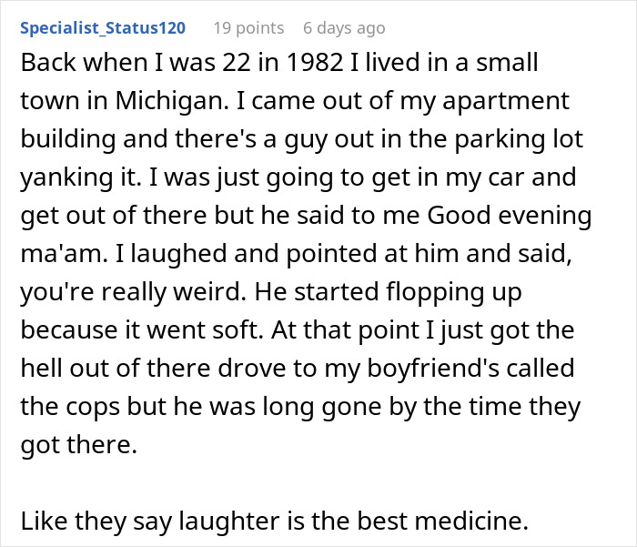Text excerpt about an encounter with a pervert in Michigan, highlighting the woman's reaction.