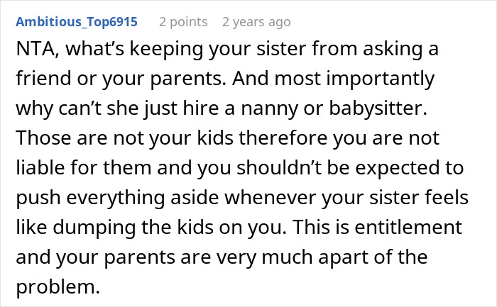 Screenshot of a comment discussing refusal of babysitting sister's kids for vacation, questioning parental responsibility.