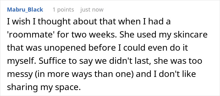 Text comment about a roommate using skincare products without permission.