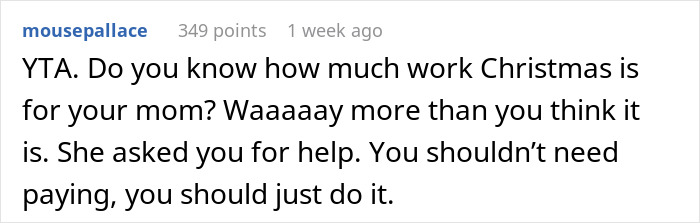 Text comment criticizing daughter for charging parents for Christmas cookies help. Text comment criticizing daughter for charging parents for Christmas cookies help.