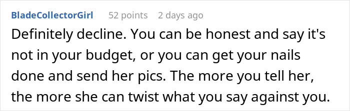 Comment on a woman disregarding a friend's birthday but wanting a grand celebration for hers, advising to decline politely. Comment on a woman disregarding a friend's birthday but wanting a grand celebration for hers, advising to decline politely.