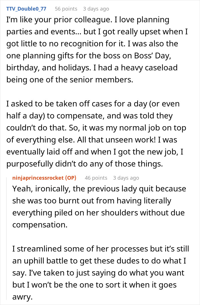 Reddit comments discussing office party planning challenges, lack of recognition, and burnout.