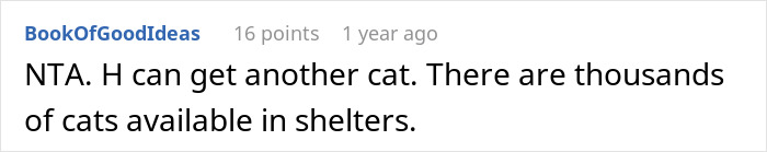 Comment discussing rehoming cats, suggesting adoption from shelters. Comment discussing rehoming cats, suggesting adoption from shelters.