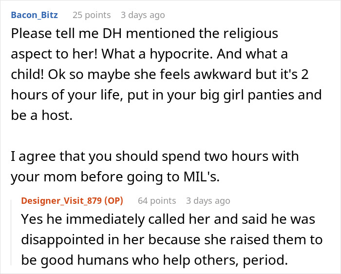 Reddit comments discussing MIL response to Christmas request, mentioning disappointment and spending time with mom first.