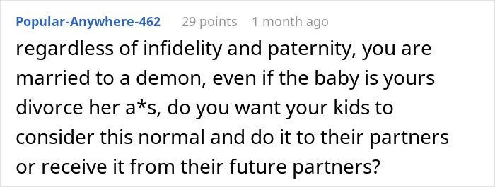 Reddit comment discussing infidelity, paternity issues, and advice on divorce. Reddit comment discussing infidelity, paternity issues, and advice on divorce.