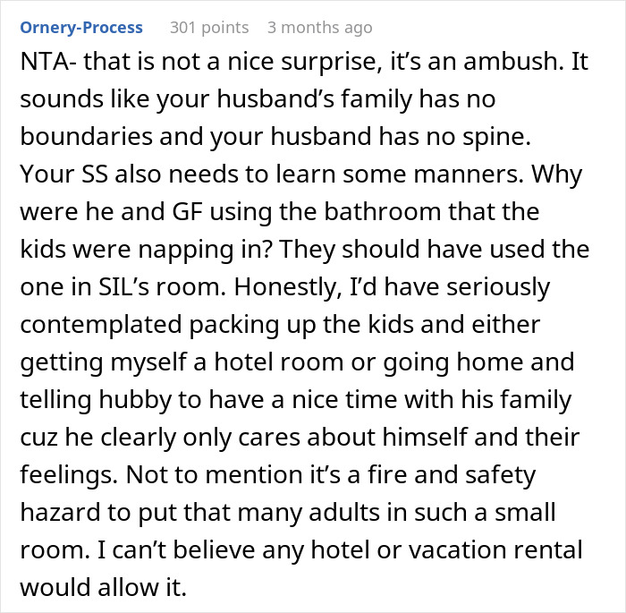 Text screenshot discussing surprise visit by in-laws during vacation, causing drama.