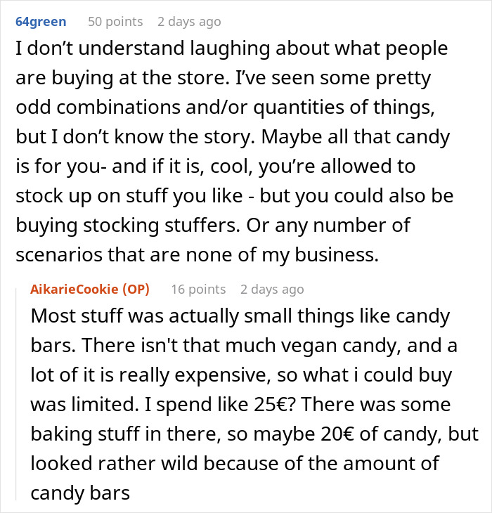 Reddit discussion about a woman buying candy, addressing teens laughing at her purchase.
