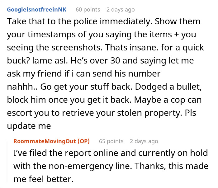 Reddit thread discussing a friend's roommate who stole stuff from an apartment.