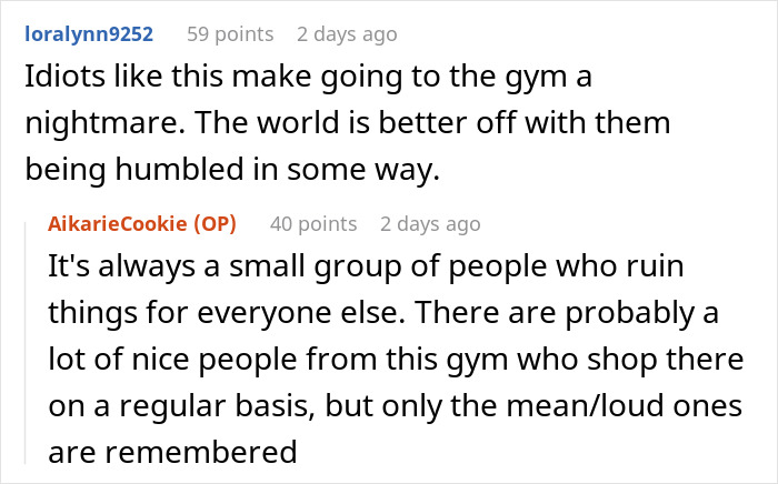 Comments discussing experiences at the gym, highlighting issues with rude individuals.