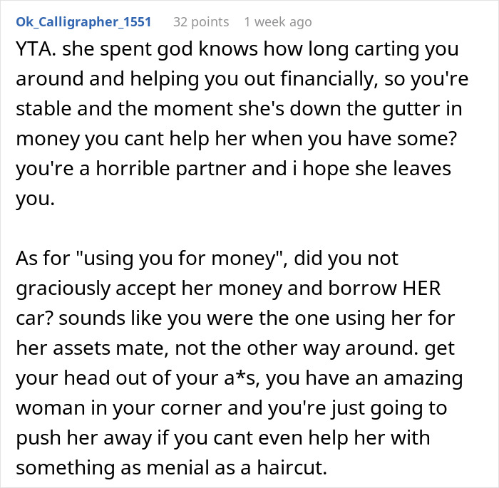 Text criticizing a partner's lack of self-awareness and financial dependence. Text criticizing a partner's lack of self-awareness and financial dependence.