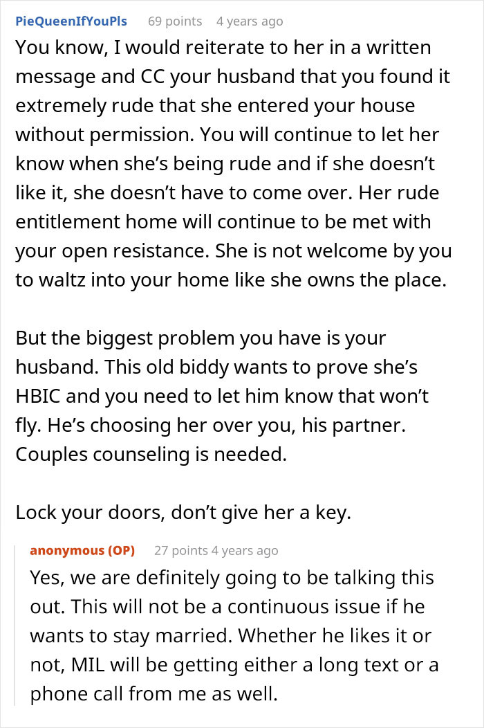 Reddit advice on handling MIL visiting unannounced, suggesting communication and boundaries.