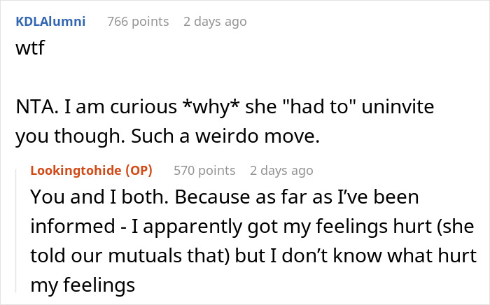 Reddit comments discussing a woman uninvited from a baby shower, questioning the reason behind the decision. Reddit comments discussing a woman uninvited from a baby shower, questioning the reason behind the decision.