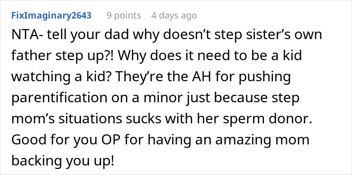Reddit comment criticizing a dad's guilt trip over stepsister care in family dynamics.