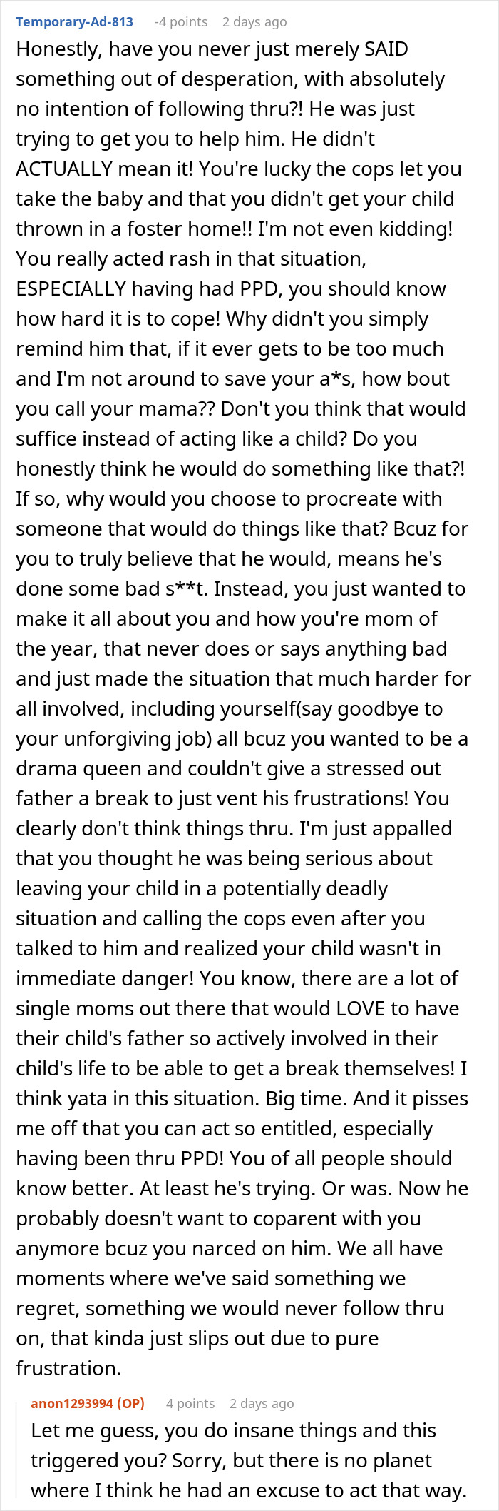 Reddit comments discussing a dad struggling to care for his baby and leaving her at his ex&rsquo;s door.
