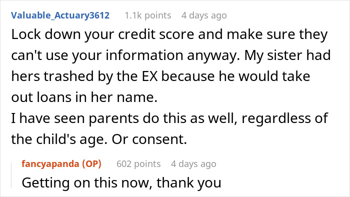 Reddit thread discussing financial protection; advice on securing credit score and personal information.