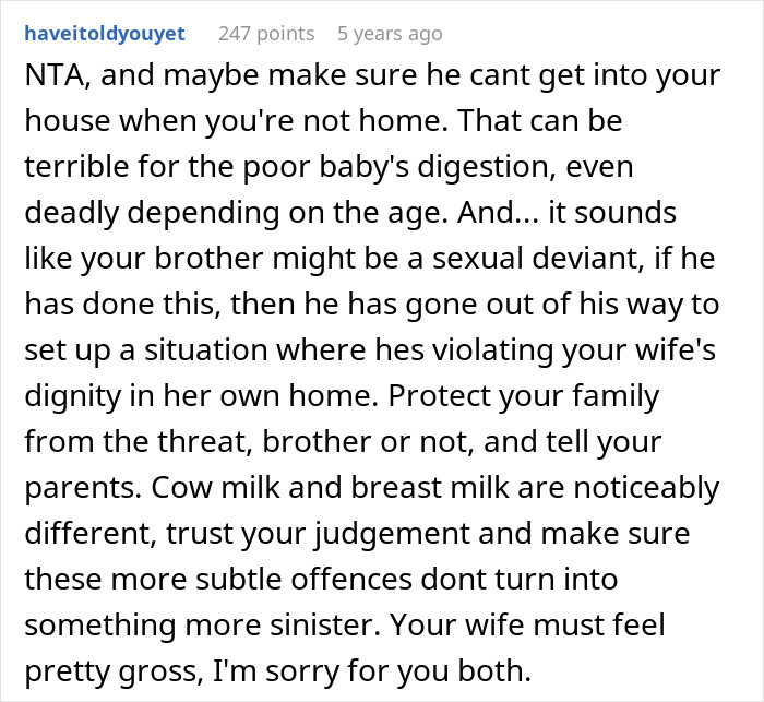 Reddit comment discussing brother replacing breast milk with cow milk. Reddit comment discussing brother replacing breast milk with cow milk.